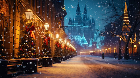 A winter city against a Christmas background with illuminations and lanterns.の素材