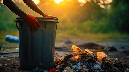 Careful attitude to nature: hands throw garbage into containers.の素材