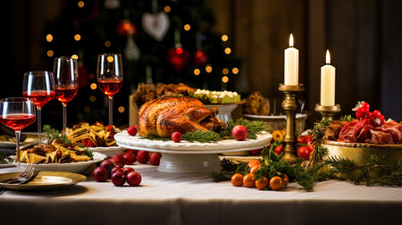 Christmas background with a family dinner and a festive table.の素材