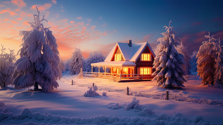 Christmas background: snowy trees and a house with warm light.の素材