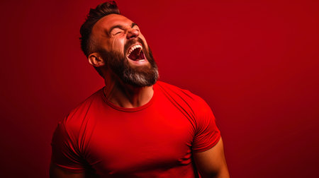 A guy on a red background expressing energy and passion.の素材