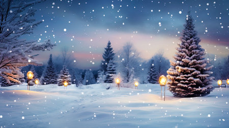 Christmas scene with lights and a snowy landscape.の素材