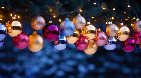 Christmas garland with illuminated balls and ribbons.の素材
