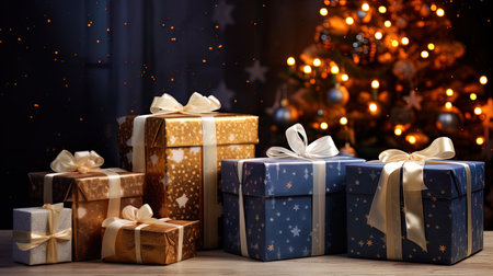 Beautifully laid Christmas gifts, ready for unpacking.の素材