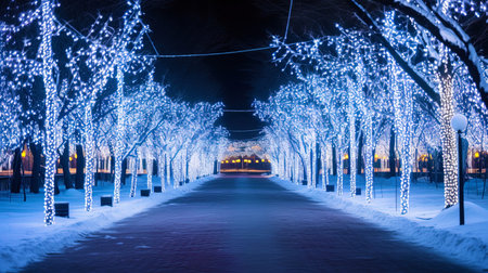 Alley in the park, strewn with bright New Year's lights.の素材