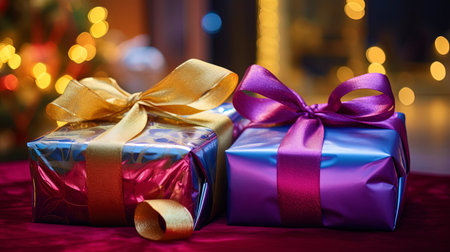 Christmas gifts with bright bows and shiny packaging.の素材