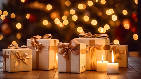 Christmas gifts against the backdrop of warm light of candles.の素材