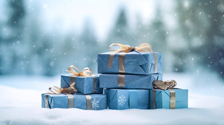 A stack of gifts against the backdrop of a snowy landscape.の素材