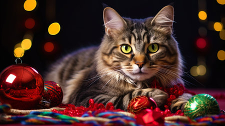 Christmas portrait of a cat with bright toys around.の素材