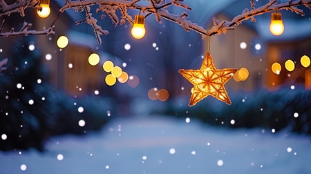A winter evening with a New Year star against the backdrop of garlands and snowflakes.の素材
