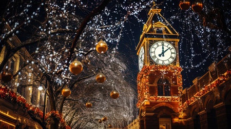 Christmas lights framing the old clock tower.の素材
