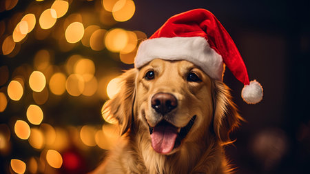 Christmas portrait of a dog with a New Year's cap.の素材