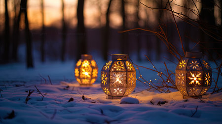 A winter evening with a New Year star and luminous lanterns.の素材