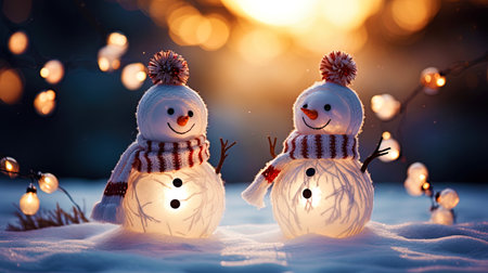 Christmas wallpapers depicting cute snowmen and lights.の素材