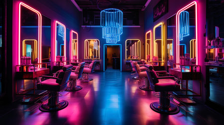 Neon lights in hairdressers: modern design.の素材
