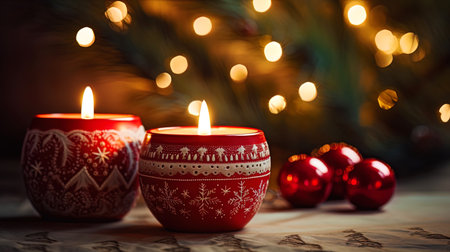 Christmas wallpaper with decorative candles and winter patterns.の素材