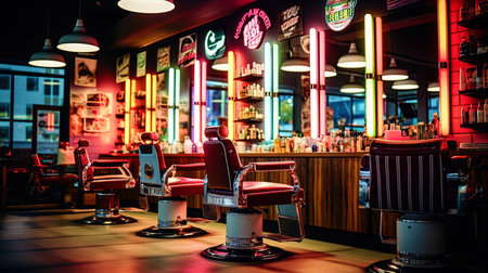 Barbershop with neon signs and modern design.の素材