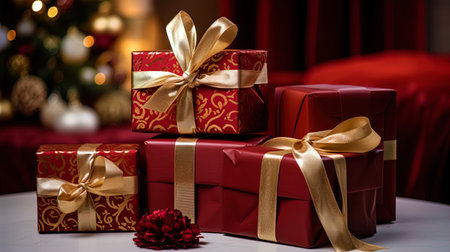 Gift boxes with gifts in various forms and sizes.の素材