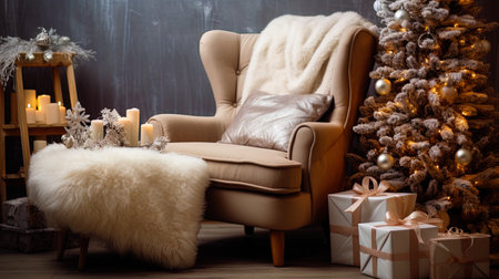 Gifts on a chair creating comfort in a festive interior.の素材