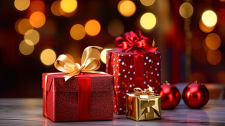 Festive gifts against the background of New Year's illumination.の素材