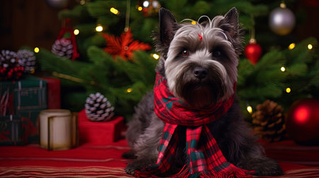 Christmas portrait of a dog with a festive scarf gyrland.の素材