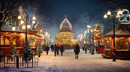 Winter City Fon of Christmas with bright advertising signs.の素材