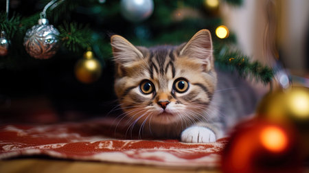 Portrait of a cat, who settled on a fluffy carpet under a Christmas tree.の素材