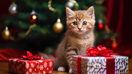 Kitten with gifts near the Christmas tree.の素材
