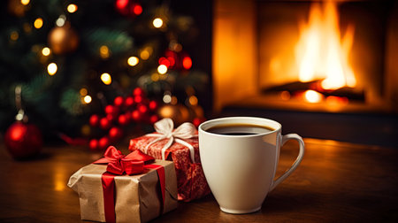 Christmas wallpaper with a cozy fireplace, gifts and a cup of hot drink.の素材