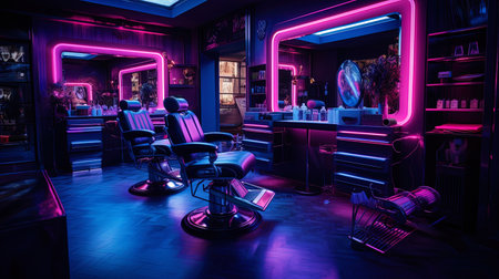 Neon hairdresser: sparkling lights and a stylish interior.の素材