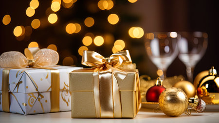 Gifts on the table, surrounded by New Year's jewelry.の素材