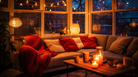 New Year's lights inside the house, creating comfort and a warm atmosphere.の素材