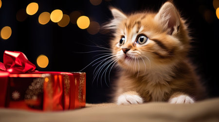 Portrait of a kitten, looking at a Christmas gift.の素材