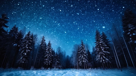 Winter Forest against the backdrop of Christmas night with bright stars.の素材