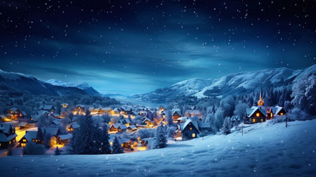The background for Christmas: a winter landscape with an illuminated village and snowfall.の素材