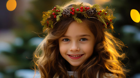 Portrait of a girl in a Christmas crown with a wreath of spruce branches.の素材