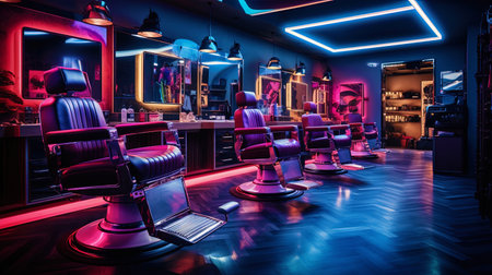 Modern barbershop with a neon illumination and bright shades.の素材