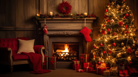 Christmas background with a cozy interior and illuminated spruce tree.の素材