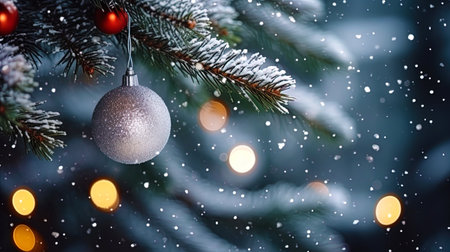 The flickering New Year's lights against the backdrop of snowy branches of spruce.の素材