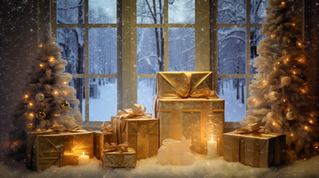 Gifts on a window lit by the light of snowflakes.の素材