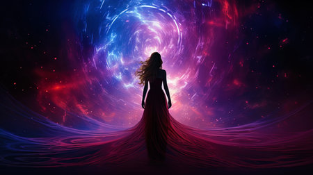 The silhouette on a space background with mystical curves and fractals.の素材