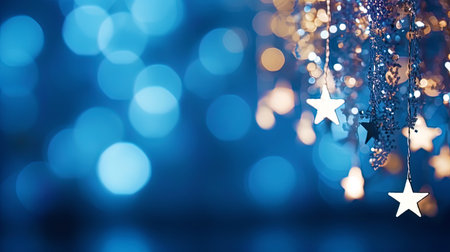 The background with the blurry lights of the holiday and the bright side on the blue.の素材