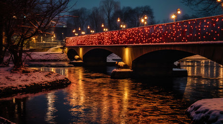 The background of Christmas magic with a highlighted bridge and the river.の素材