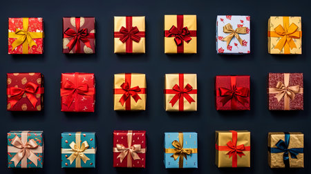 The collage of Christmas gifts with different patterns and styles.の素材
