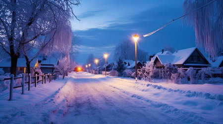 Winter evening in the village: New Year's lights and snowfall.の素材
