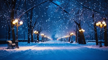 Winter evening with New Year's lights on the street and snowflakes.の素材