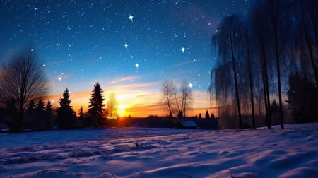 Winter evening with a New Year star and bright traces of snowfall.の素材