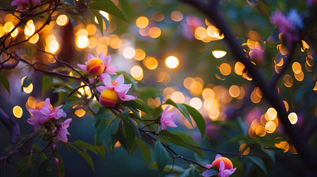 The background with the blurry fireflies of the festival and the light side on the peach.の素材