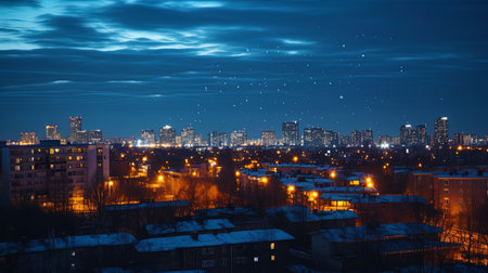 Evening city with New Year's lights flickering in the dark.の素材