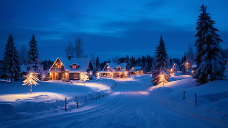 Winter landscape: New Year's lights and snowy houses.の素材